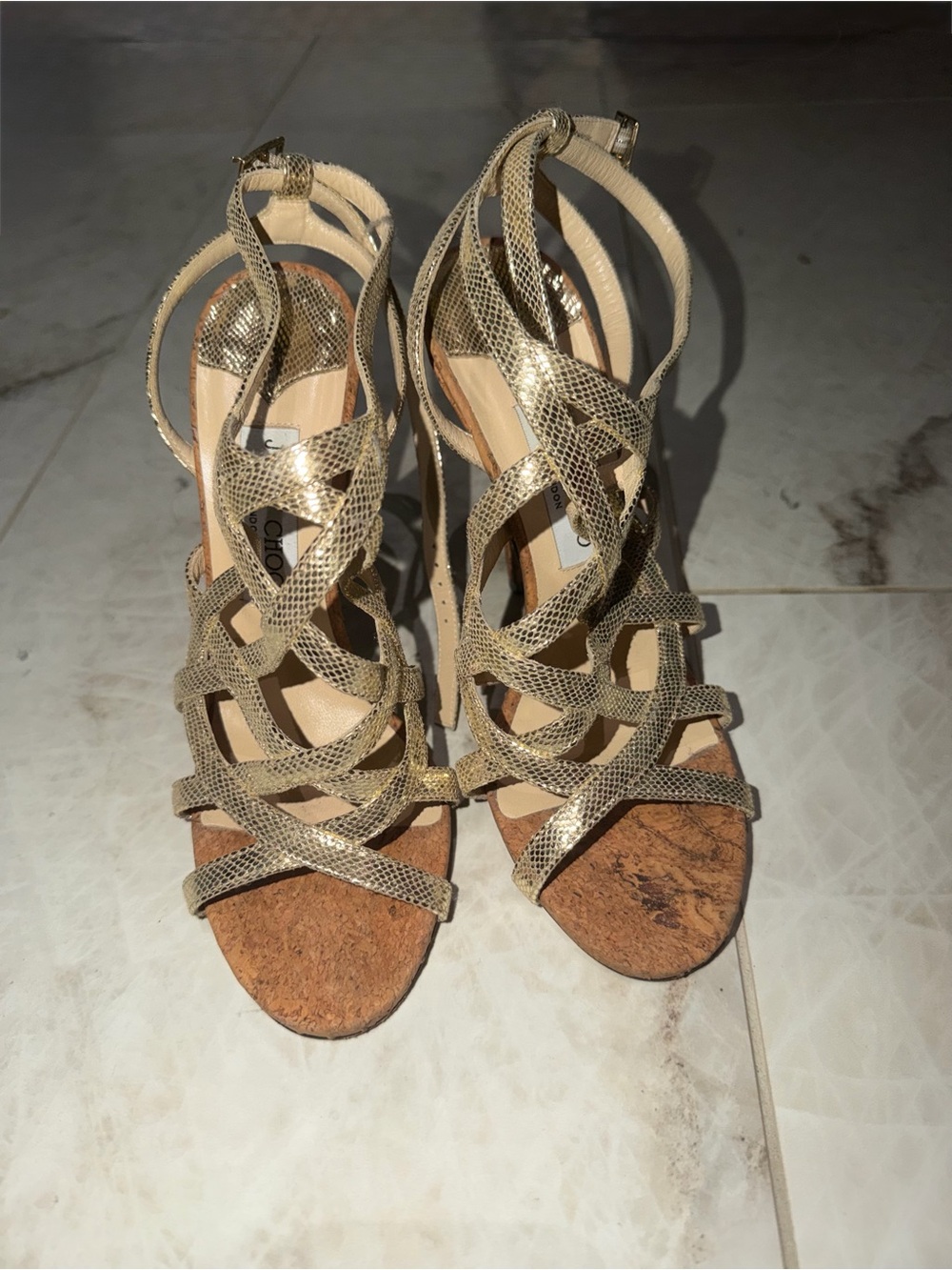 Jimmy Choo Metallic Gold Strappy High Heel Sandals